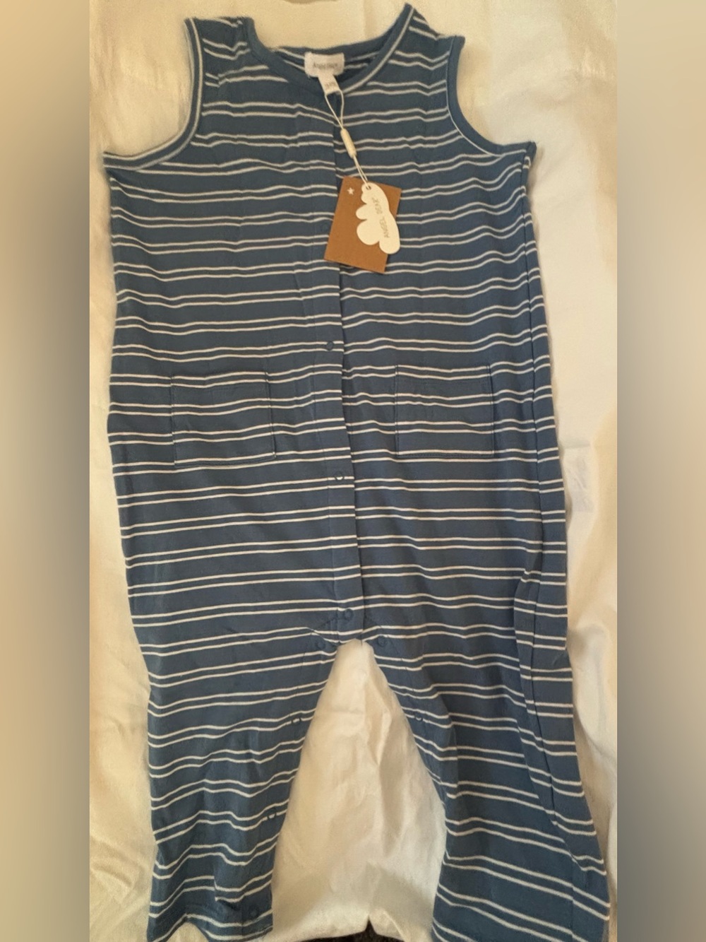 Angel Dear Romper 18-24M Blue White Stripe Snap Front Sleeveless Pockets NWT